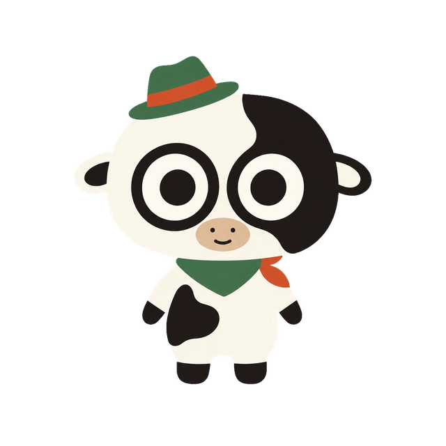 Moo, a Holstein cow with round glasses-like eyes, a green hat and a green-and-red neckerchief